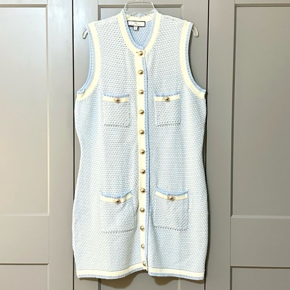 Rachel Parcell Tweed Knit Mini Dress Gold Buttons Preppy Academia Blue White XXL - Picture 3 of 13